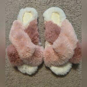 Fuzzy Pink and Cream Slippers Size 7/8